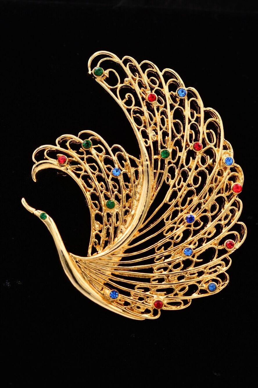 Vintage Bird Peacock Pin Brooch Long Feather Rhinestone Crystal Gold 1980s BinAH